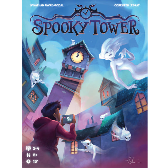 Spooky Tower Board Game - front of box featuring art of ghosts surrounding tower. 