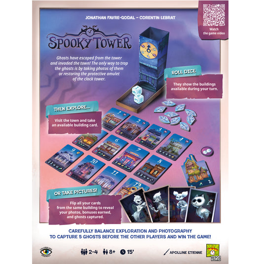 Spooky Tower Board Game - back of box with game overview, images of components, and a QR code linking to a how to play video. Box indicates it is for ages 8+ and 2 to 4 players.