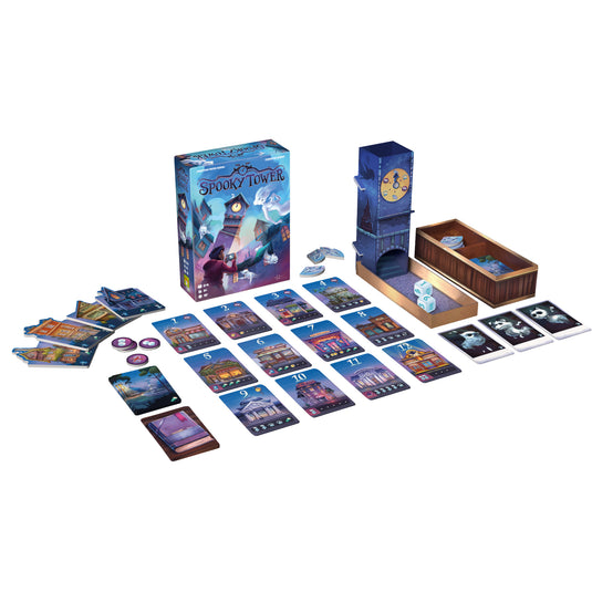 Spooky Tower Board Game - box and contents displayed including cardboard dice tower, dice, house tiles, and game cards. 