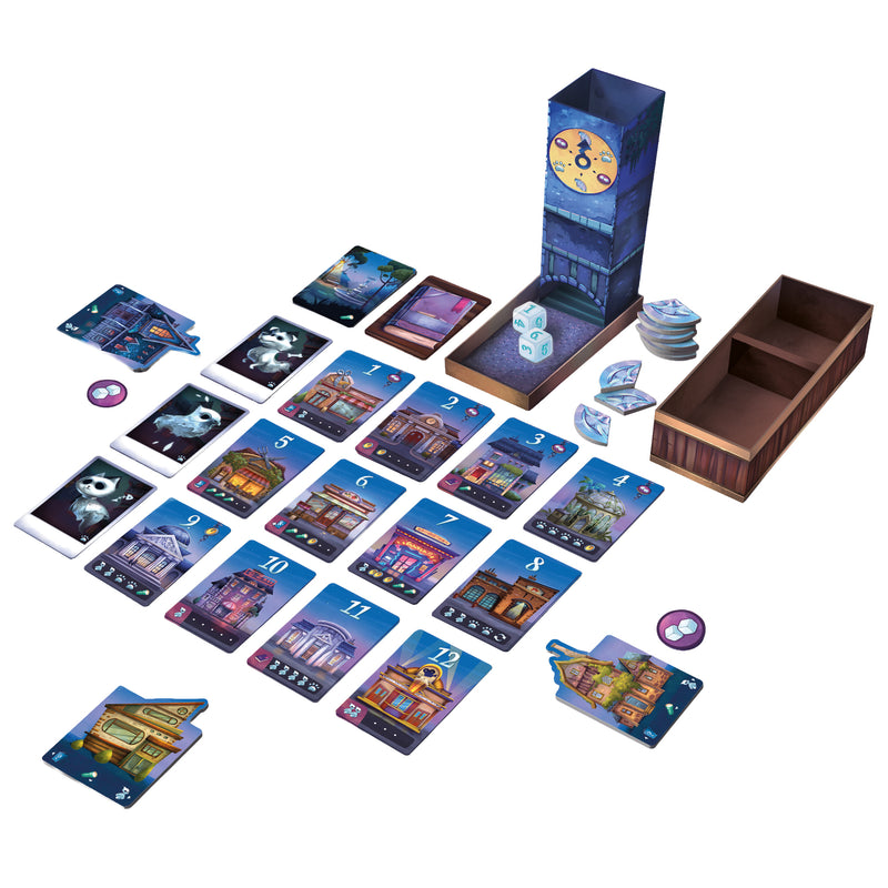 Load image into Gallery viewer, Spooky Tower Board Game - view of game components including dice tower designed to look like clock tower, game dice, house cards with different point values, ghost cards, and house tiles. 

