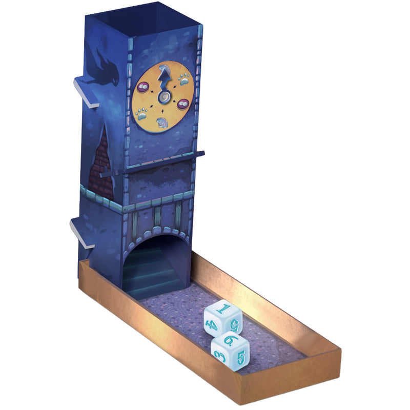 Load image into Gallery viewer, Spooky Tower Board Game - view of dice tower designed to look like clock tower alongside two d6 dice. 
