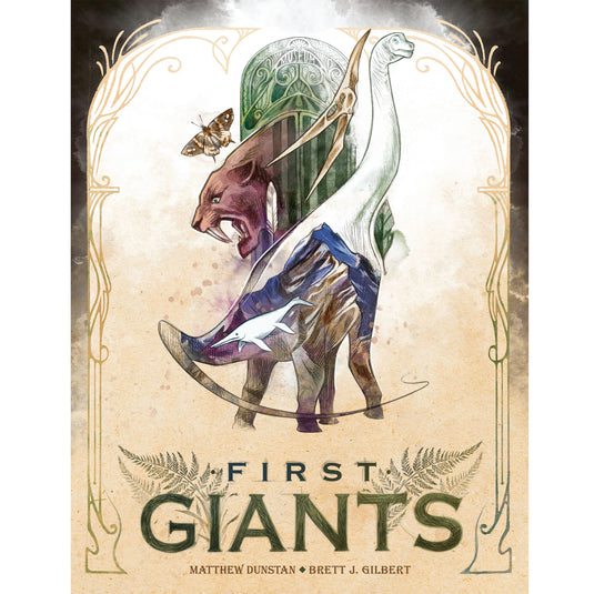 First Giants board game box front with illustrations of fantasy creatures