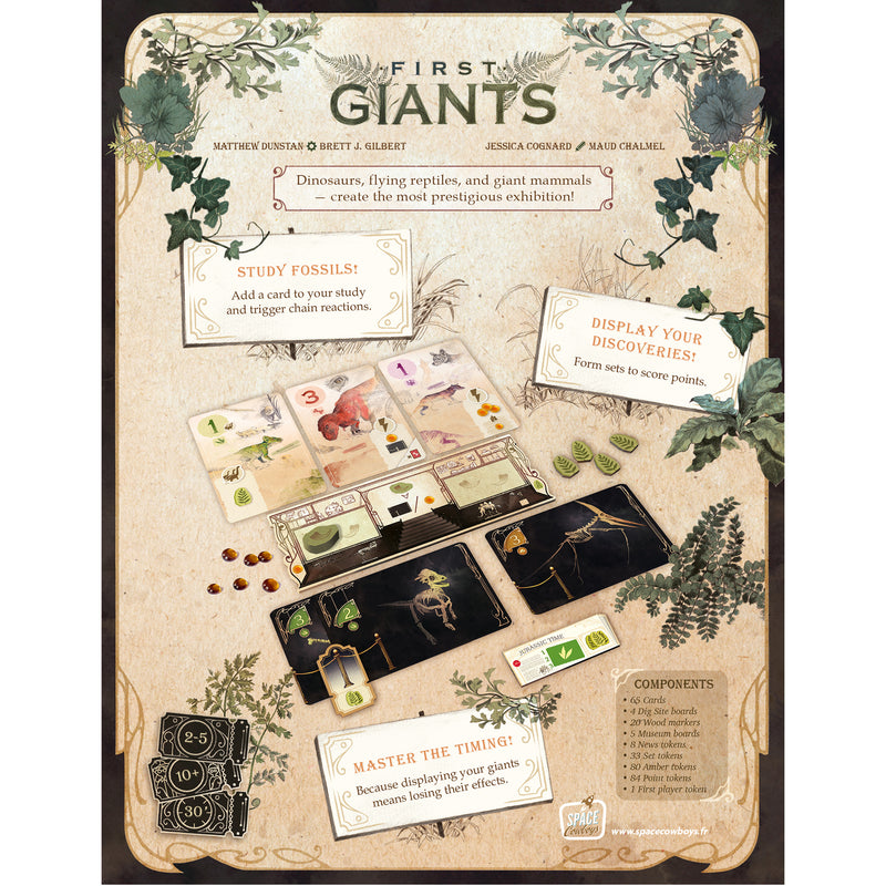 Load image into Gallery viewer, First Giants board game back of box with overview and image of game components. 
