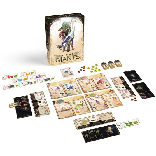 First Giants board game box front with game set up in front including game board and cards.