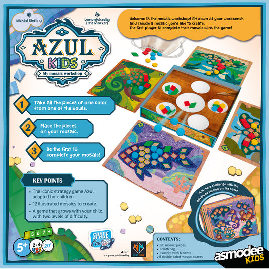 Azul Kids Board Game - back of box with overview, contents list, and images of game components. Box indicates it is for ages 5+ and 2 to 4 players.