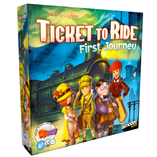 Ticket to Ride First Journey Board Game - Front of box featuring illustration of kids gathered at a train station. Box lists game is for ages 6+ and 2 to 4 players.