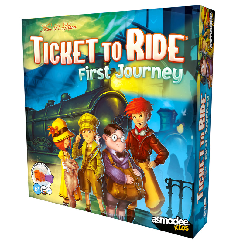 Load image into Gallery viewer, Ticket to Ride First Journey Board Game - Front of box featuring illustration of kids gathered at a train station. Box lists game is for ages 6+ and 2 to 4 players.
