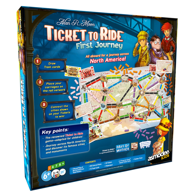 Load image into Gallery viewer, Ticket to Ride First Journey Board Game - Back of box with game description, image of game board, train cars, and train tokens, and contents lists. 

