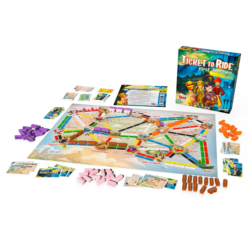 Load image into Gallery viewer, Ticket to Ride First Journey Board Game - Box and game components displayed including game board with map of US, train tokens, route cards, and rulebook. 
