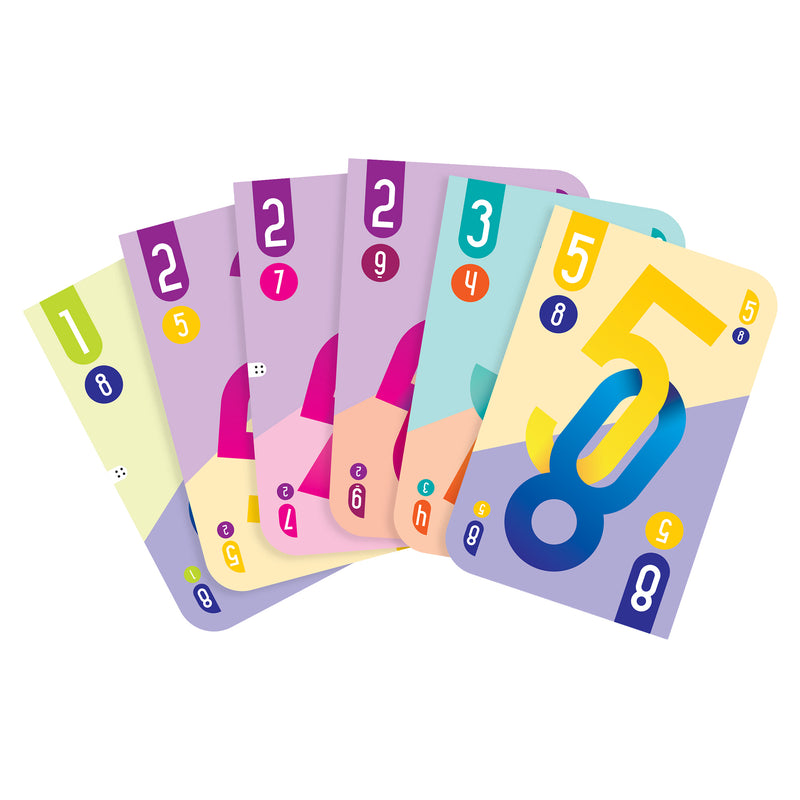 Load image into Gallery viewer, dnup card game fan of game cards showing two numbers per card, including a 5 and 8 card.
