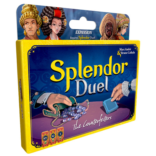 Splendor Duel: The Counterfeiters Expansion - front of box featuring illustration of a character with a bag of gems. Box indicates it is for ages 10+ and 2 players.