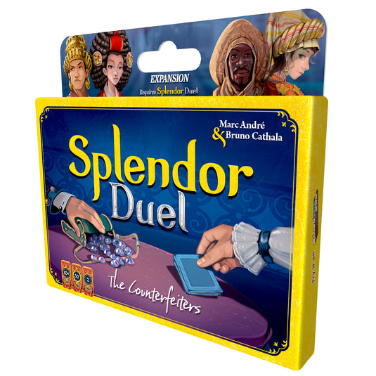 Splendor Duel: The Counterfeiters Expansion - front of box featuring illustration of a character with a bag of gems. Box indicates it is for ages 10+ and 2 players.