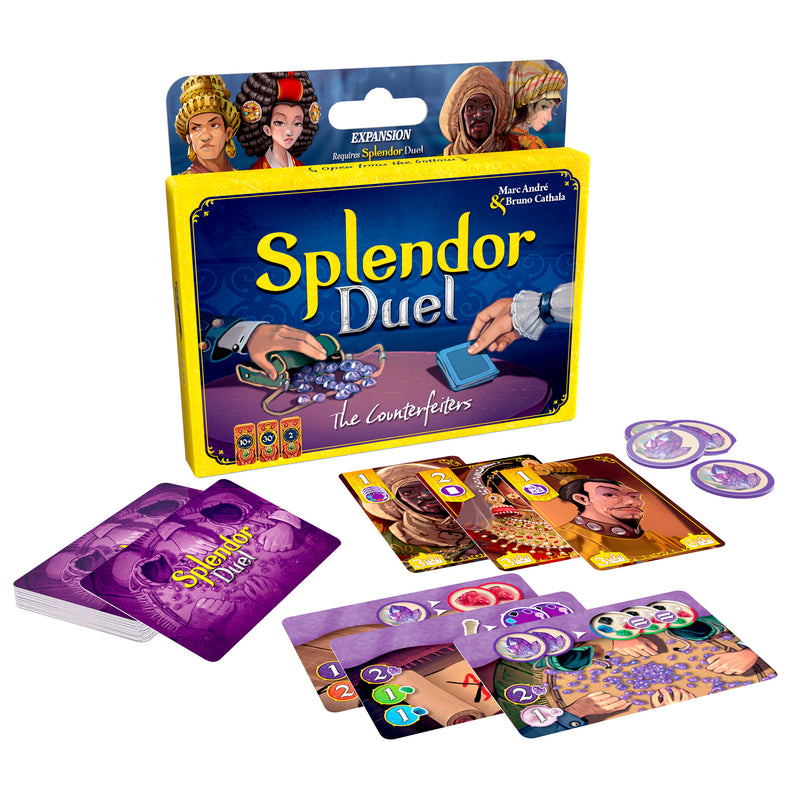Load image into Gallery viewer, Splendor Duel: The Counterfeiters Expansion - box and components displayed including glassware tokens, counterfeiter cards, and royal cards.
