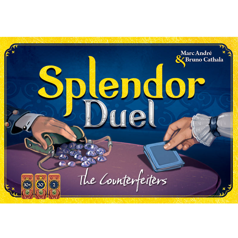 Load image into Gallery viewer, Splendor Duel: The Counterfeiters Expansion - front of box featuring illustration of a character with a bag of gems. Box indicates it is for ages 10+ and 2 players.
