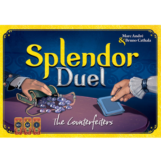 Splendor Duel: The Counterfeiters Expansion - front of box featuring illustration of a character with a bag of gems. Box indicates it is for ages 10+ and 2 players.
