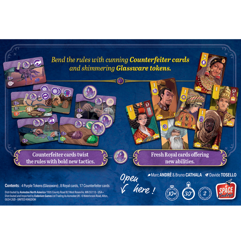 Load image into Gallery viewer, Splendor Duel: The Counterfeiters Expansion - back of box with overview, contents list, and images of royal cards and counterfeiters cards.
