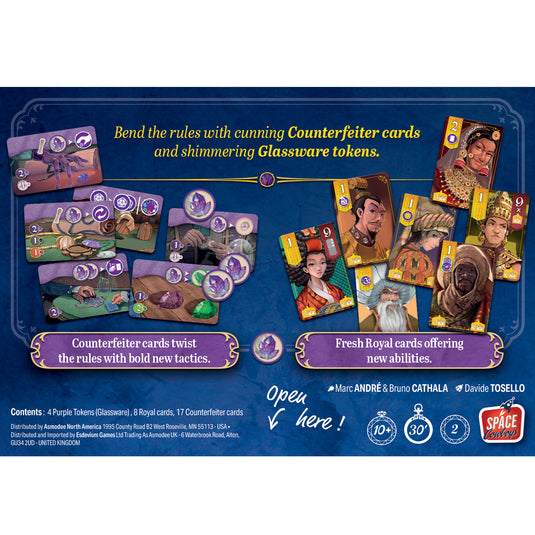 Splendor Duel: The Counterfeiters Expansion - back of box with overview, contents list, and images of royal cards and counterfeiters cards.