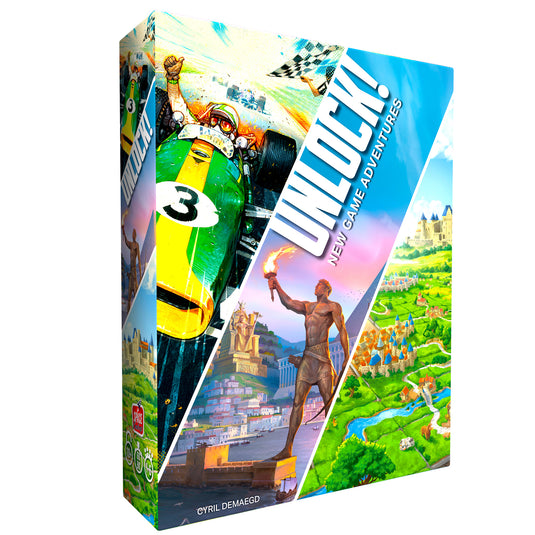 Unlock!: New Game Adventures - Front of box featuring art from games Heat, 7 Wonders, and Carcassonne.