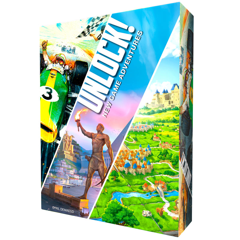 Load image into Gallery viewer, Unlock!: New Game Adventures - Front of box featuring art from games Heat, 7 Wonders, and Carcassonne.
