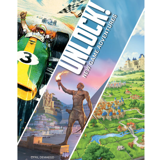 Unlock!: New Game Adventures - Front of box featuring art from games Heat, 7 Wonders, and Carcassonne.