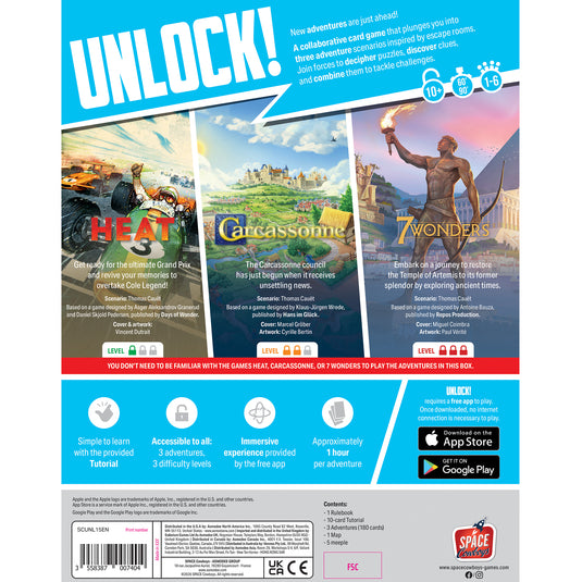 Unlock!: New Game Adventures - Back of box with game descriptions, difficulty ratings, and barcode.