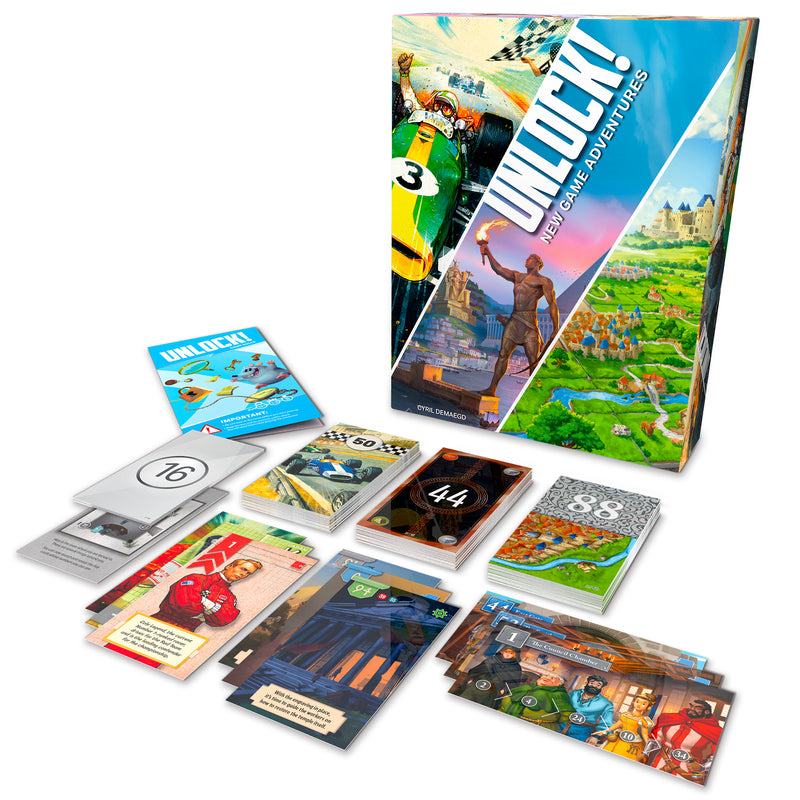 Load image into Gallery viewer, Unlock!: New Game Adventures - Box and sample game components shown including rulebook and puzzle cards.
