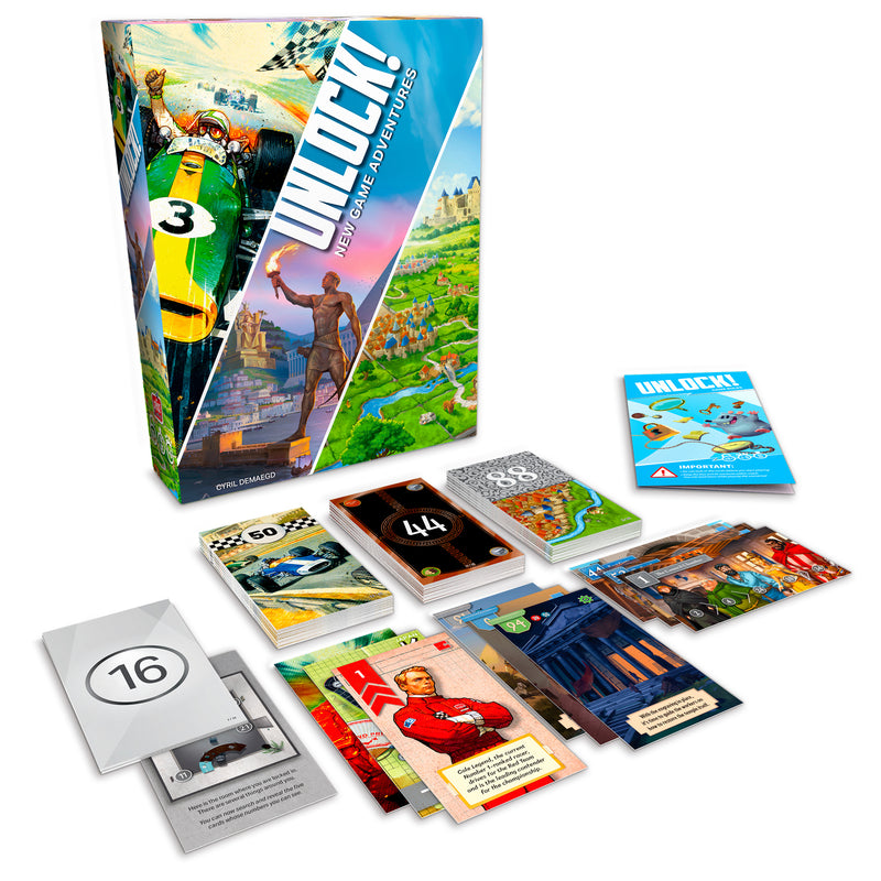 Load image into Gallery viewer, Unlock!: New Game Adventures - Box and sample game components shown including rulebook and puzzle cards.

