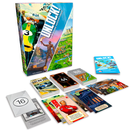 Unlock!: New Game Adventures - Box and sample game components shown including rulebook and puzzle cards.