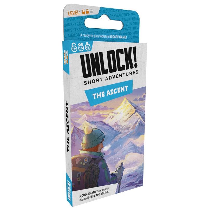 Load image into Gallery viewer, UNLOCK! Short: The Ascent card game front of box with illustration of mountain climber.
