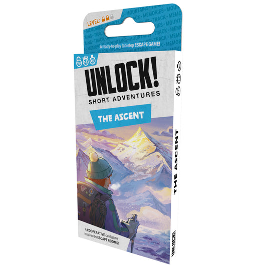 UNLOCK! Short: The Ascent card game front of box with illustration of mountain climber.