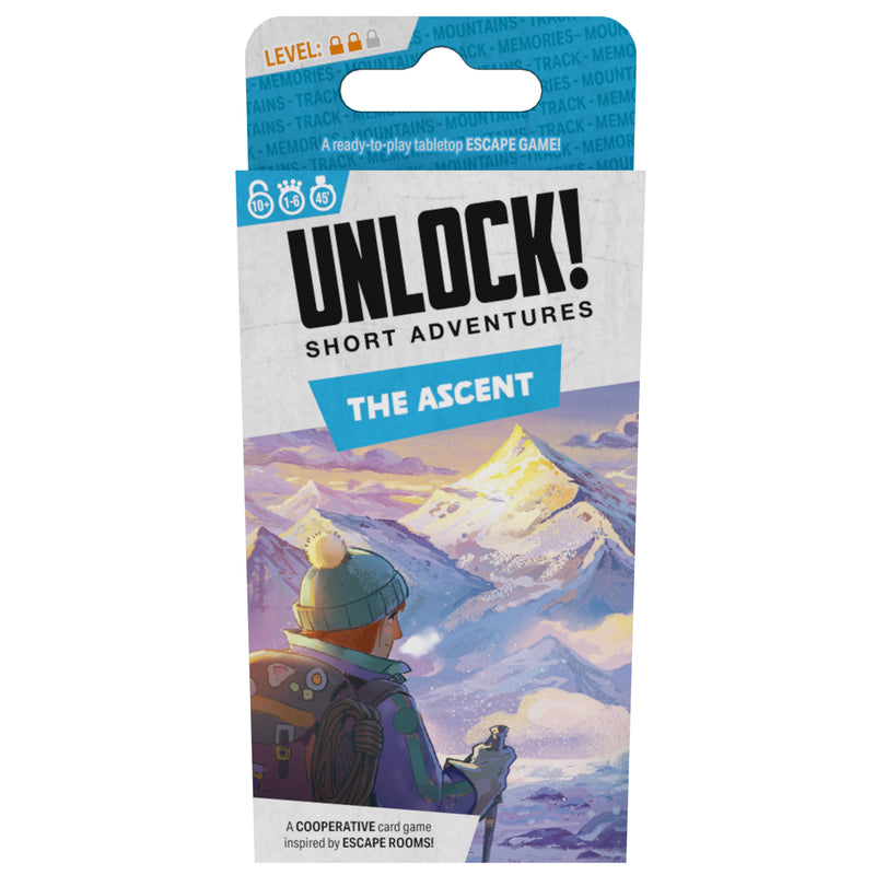 Load image into Gallery viewer, UNLOCK! Short: The Ascent card game front of box with illustration of mountain climber.
