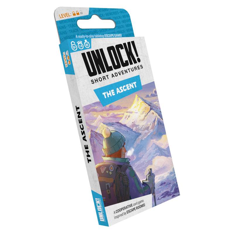 Load image into Gallery viewer, UNLOCK! Short: The Ascent card game front of box with illustration of mountain climber.

