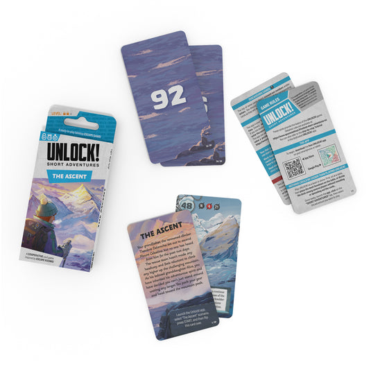 UNLOCK! Short: The Ascent card game box and cards displayed, including game rules cards, The Ascent card, and back of card 92.