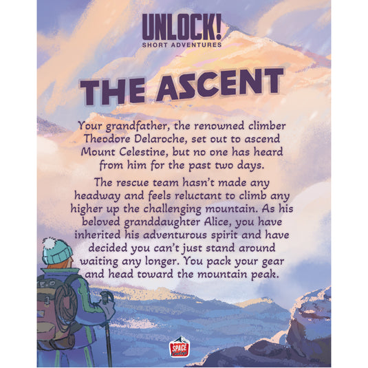 UNLOCK! Short: The Ascent card game back of box with game overview.