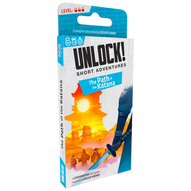 Load image into Gallery viewer, UNLOCK! Short: The Path of the Katana - Front of packaging with art of person holding a Katana with buildings and a sunset in the background. Box lists difficulty at level 3.
