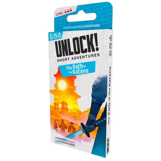 UNLOCK! Short: The Path of the Katana - Front of packaging with art of person holding a Katana with buildings and a sunset in the background. Box lists difficulty at level 3.