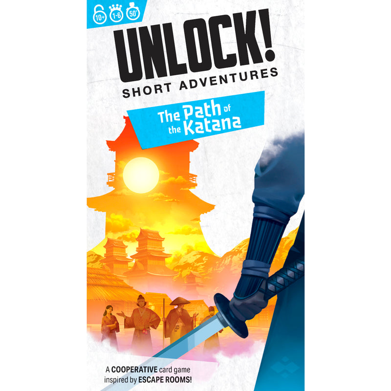 Load image into Gallery viewer, UNLOCK! Short: The Path of the Katana - Front of packaging with art of person holding a Katana with buildings and a sunset in the background. Box lists game is for ages 10+ and 1 to 6 players. 
