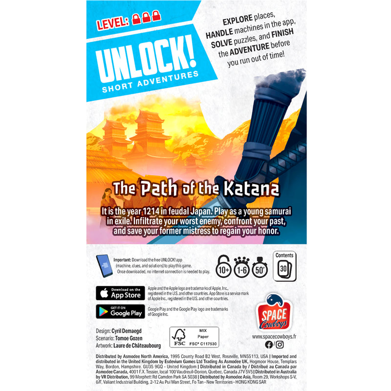 Load image into Gallery viewer, UNLOCK! Short: The Path of the Katana - Back of packaging with game overview and contents list. Box lists game is for ages 10+ and 1 to 6 players. 
