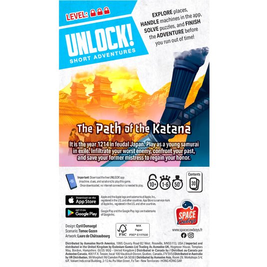 UNLOCK! Short: The Path of the Katana - Back of packaging with game overview and contents list. Box lists game is for ages 10+ and 1 to 6 players. 
