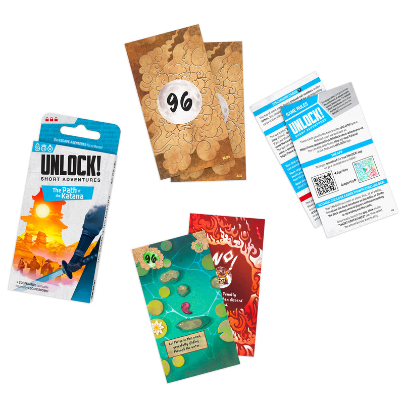 Load image into Gallery viewer, UNLOCK! Short: The Path of the Katana - Box and game contents shown including reference cards, and location card 96 with art of a pond. 
