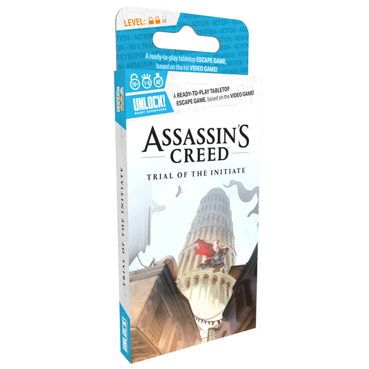 UNLOCK! Short: Assassin's Creed - Front of box featuring illustrations of a giant tower and person on rooftops.