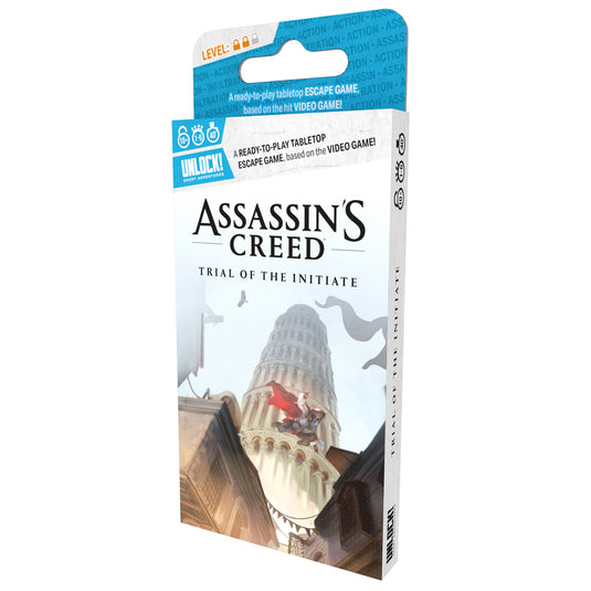 UNLOCK! Short: Assassin's Creed - Front of box featuring illustrations of a giant tower and person on rooftops.
