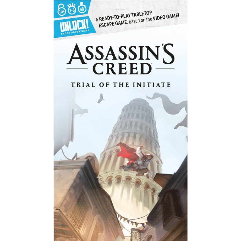 Load image into Gallery viewer, UNLOCK! Short: Assassin's Creed - Front of box featuring illustrations of a giant tower and person on rooftops.
