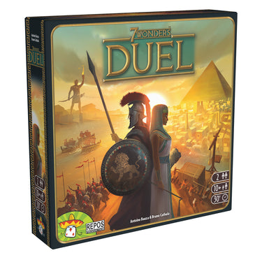 7 Wonders Duel card game front of box with art of Egypt and Rome.