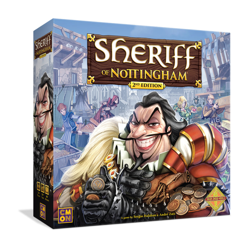 Load image into Gallery viewer, Sheriff of Nottingham 2nd Edition - Front of box featuring illustration of the Sheriff of Nottingham holding a bag of coins.
