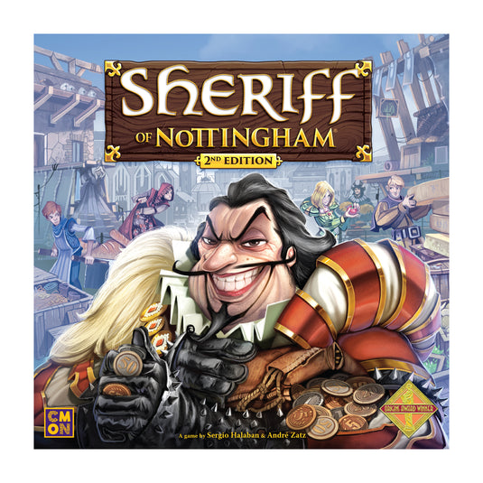 Sheriff of Nottingham 2nd Edition - Front of box featuring illustration of the Sheriff of Nottingham holding a bag of coins.