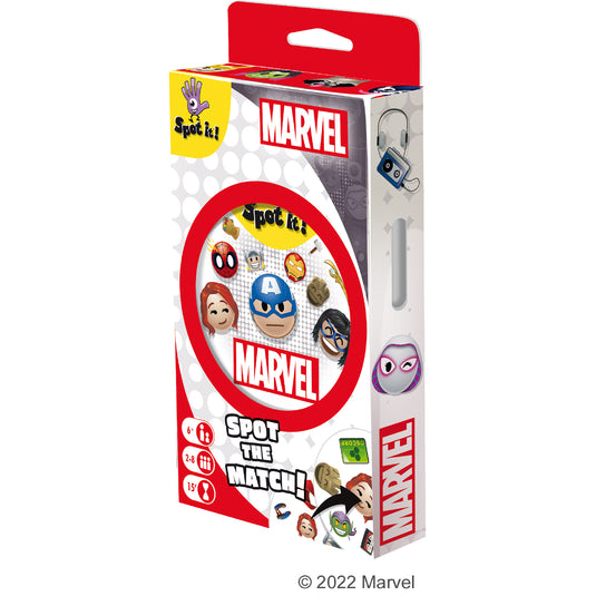 Spot it! Marvel Emoji (Eco Blister) front of game packing with cartoon style art of marvel characters. 