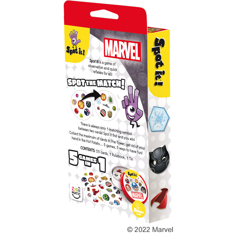 Load image into Gallery viewer, Spot it! Marvel Emoji (Eco Blister) back of packaging with game overview and images of game cards.
