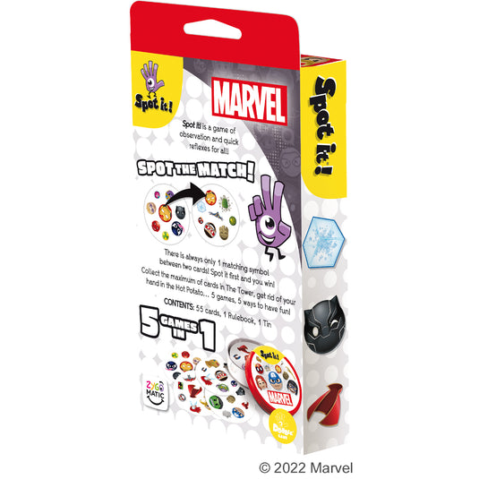 Spot it! Marvel Emoji (Eco Blister) back of packaging with game overview and images of game cards.