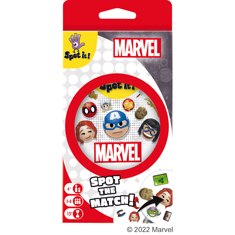 Load image into Gallery viewer, Spot it! Marvel Emoji (Eco Blister) front of game packing with cartoon style art of marvel characters. 
